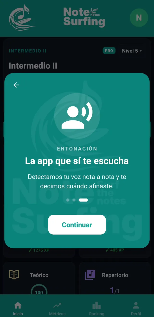 Pantalla de entonación de NoteSurfing